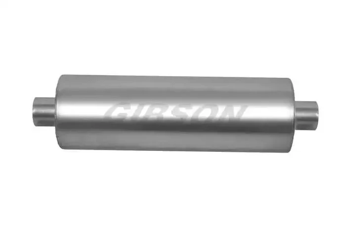 Gibson MWA Superflow Center/Center Round Muffler – 5x10in/2.5in Inlet/2.5in Outlet – Stainless