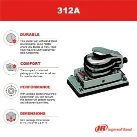 Ingersoll Rand 312A Random Orbital Air Sander, 3.67 X 6.75″ Paper Clamp Pad, 8,000 RPM, 0.3 HP