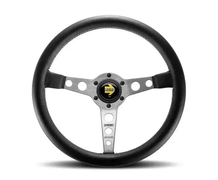 Momo Prototipo Steering Wheel 350 mm – Black Leather/Wht Stitch/Brshd Spokes